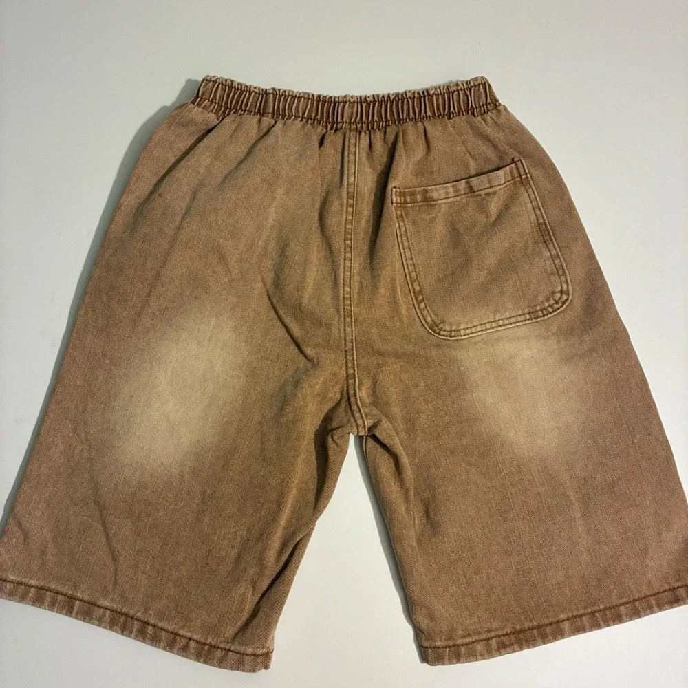 Jeans Wear Medium Brown Sand Washed Denim Shorts Elastic Waist Streetwear Size M